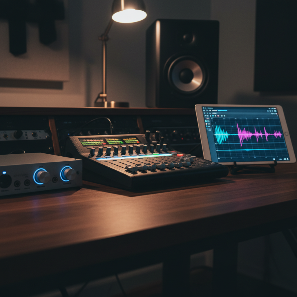 A close-up of an audio mixing and sound design setup on a dark walnut desk: a compact mixing console with glowing level meters, a minimalist audio interface, and a high-fidelity speaker with a textured cone. On a nearby tablet screen, a detailed audio waveform and spectral view are visible, rendered in vibrant blues and purples against a dark interface. The room is dim, lit primarily by the soft, focused glow of device LEDs and the tablet, creating controlled highlights and deep, clean shadows. Photographic realism, captured from a low, angled perspective with a shallow depth of field, emphasizing the precision tools and evoking a meticulous, technical, yet creative atmosphere ideal for showcasing audio work within a multimedia portfolio.